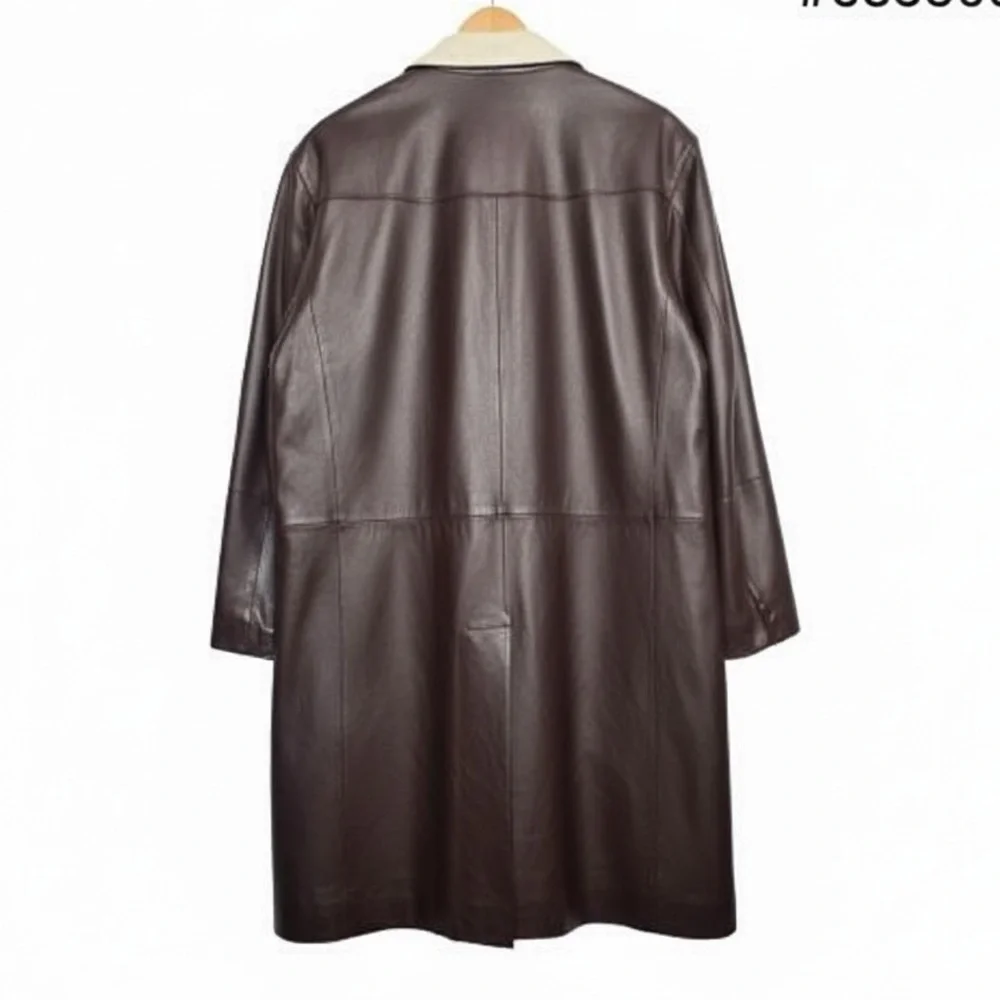 Stacy Adams Men’s Dark Brown Leather Car Coat With Ivory Trim Size Large Vintage